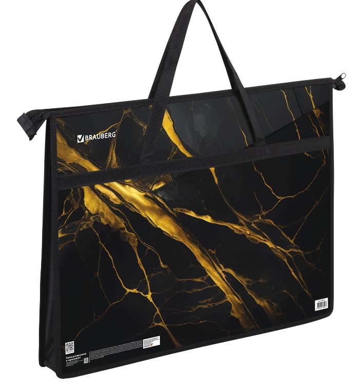 Папка для рисунков и чертежей с ручками BRAUBERG А3, пластик, 'Black&gold marble', 272232