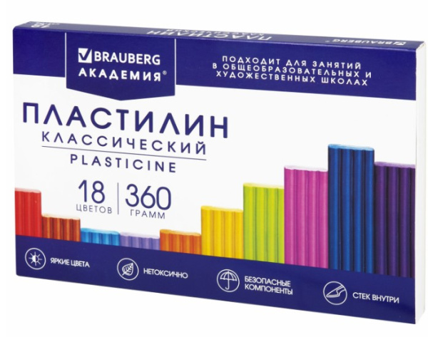 Пластилин 18 цветов, 'BRAUBERG', классический, яркие цвета, 360 г, 106509